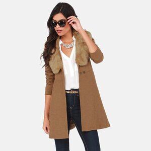 EUC LULU'S Fur Give and Fur Get Tan Frock Coat Cute Tan Coat